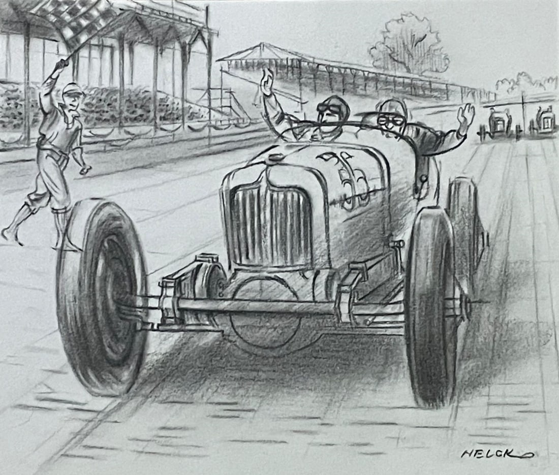 PETER HELCK - "INDIANAPOLIS 500 - Lou Meyer Winner" â€“ Pencil Illustration - In the style of (1 of 9)