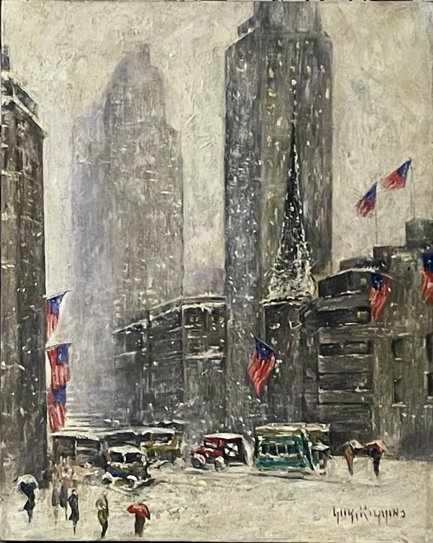 GUY WIGGINS - "MID TOWN WINTER” - Painting – Oil on Canvas - In the style of: Description: Oil painting on canvas in the manner/style of Guy Carleton Wiggins. New York City snowstorm, street adorned with American flags and travelers in snow. ++++++++++++++++++++++ Our definitio
