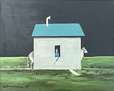 GERTRUDE ABERCROMBIE - UNTITLED (STALLION AND SHED) - Painting - Oil in Masonite - In the style of: Description: Oil on Masonite in the manner/style of Gertrude Abercrombie. A Blue Ribbon Horse - Untitled - (Stallion and Shed) is a replacement image of a shed with a window through which we see a fem