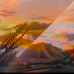 ED MELL - "TWO SANGUAROS" - Painting - Oil on canvas - In the style of: Description: Oil on canvas in the manner/style of Ed Mell. The painting is an example of Mell's distinctive style, which is characterized by geometric shapes and bright colors that capture the beauty
