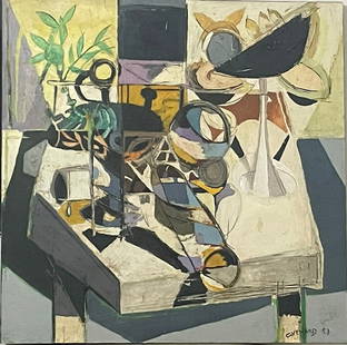 CLAUDE VENARD - LA CLOCHE A FROMAGE (The Cheese Bell) - OIL ON CANVAS - IN THE STYLE OF: Oil on canvas in the manner/style of Claude Venard. Oil painting on canvas depicting a Cubist still life scene. Our definition of “In the manner/style of”: The auction house believes that