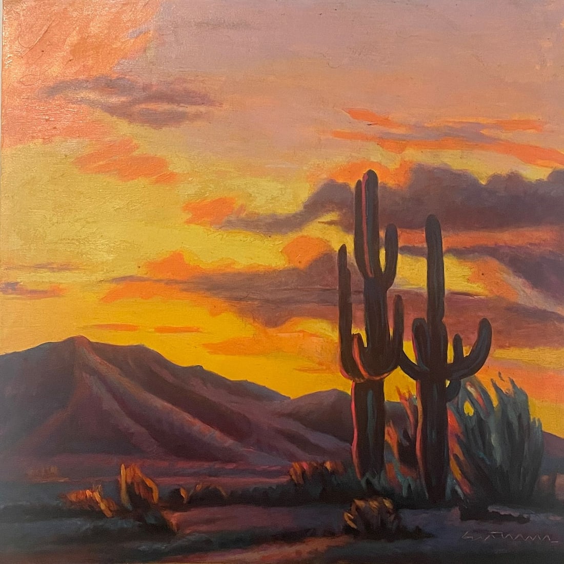 ED MELL - TWO SANGUAROS - OIL ON CANVAS - IN THE STYLE OF: Oil on canvas in the manner/style of Ed Mell. The painting is an example of Mell's distinctive style, which is characterized by geometric shapes and bright colors that capture the beauty of the landsc