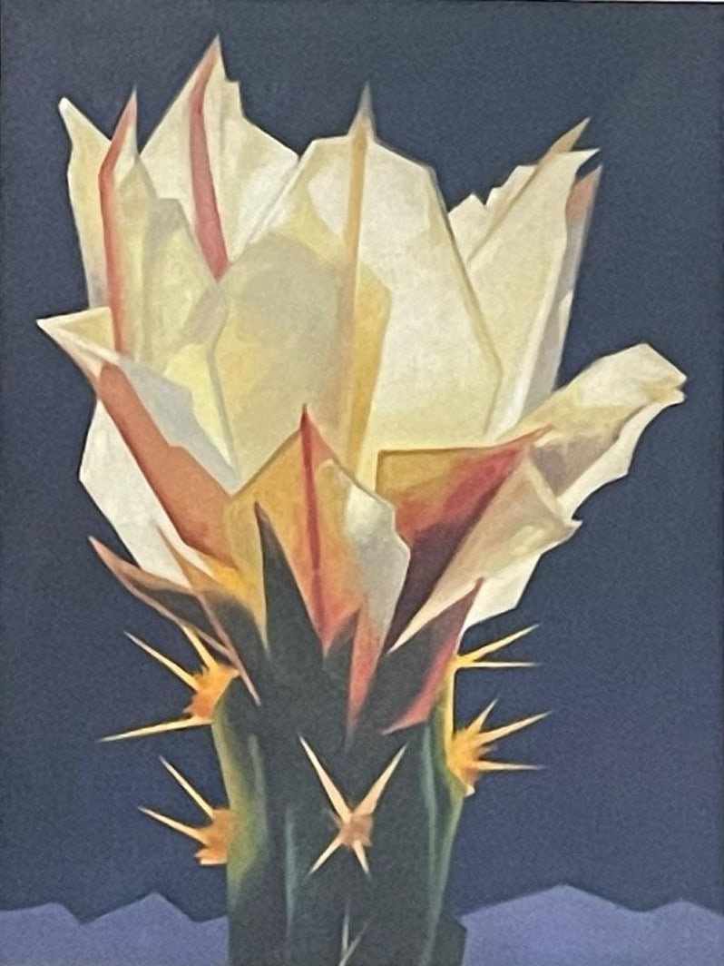 ED MELL - AMARILLO LIGHT I - OIL ON CANVAS - IN THE STYLE OF: Oil on canvas in the manner/style of Ed Mell. The painting is an example of Mell's distinctive style, which is characterized by geometric shapes and bright colors that capture the beauty of the landsc