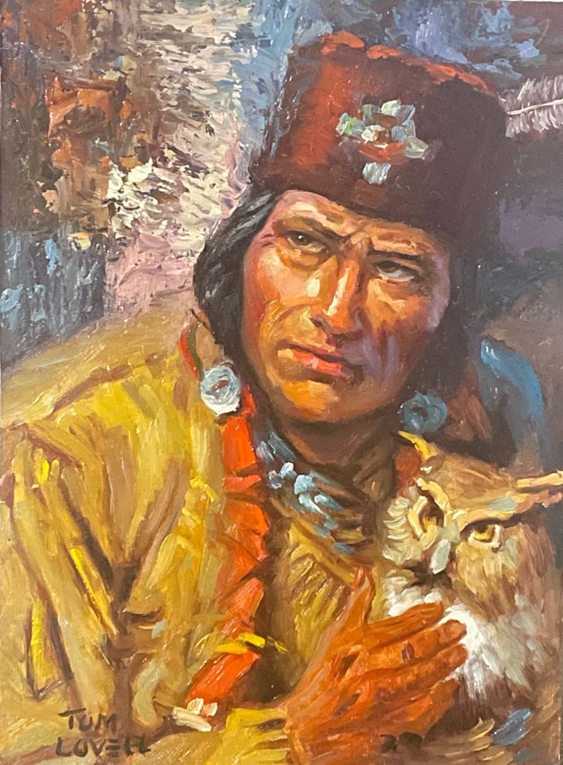 TOM LOVELL - STUDY OF INDIAN WITH OWL - OIL ON BOARD - IN THE STYLE OF: Original oil on board in the manner/style of Tom Lovell. Our definition of “In the manner/style of”: The auction house believes that the work is done in the manner or style of the named ar