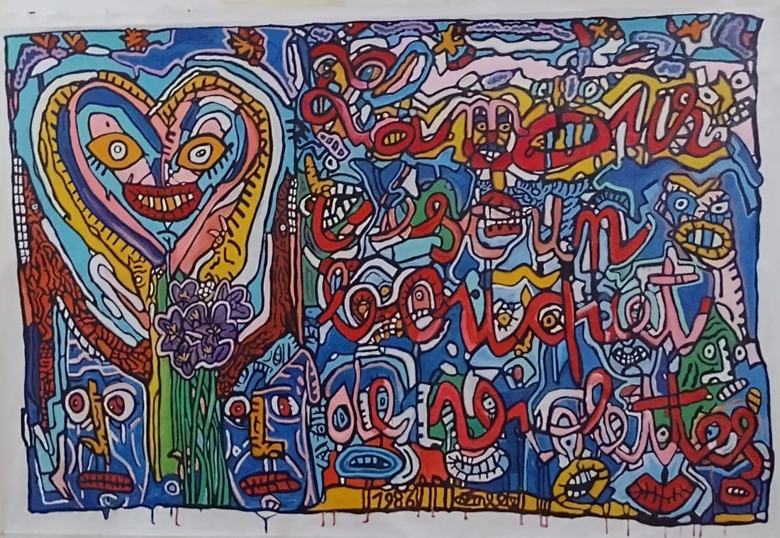 ROBERT COMBAS – L’AMOUR EST UN BOUQUET DE VIOLETTES - ACRYLIC ON CANVAS- IN THE STYLE OF: Acrylic on Canvas in the manner/style of Robert Combas. Our definition of “In the manner/style of”: The auction house believes that the work is done in the manner or style of the named art