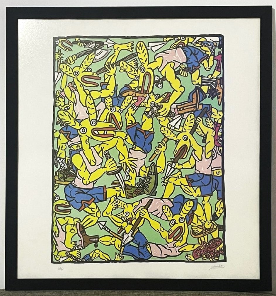 ROBERT COMBAS – LES LAPINS JAUNES – LITHOGRAPHY ON PAPER - SIGNED AND MARKED EA - IN: Lithography on Arches paper in the manner/style of Robert Combas. “Les lapins jaunes, 1984” Signed and marked EA. This Lithography will be sent with a frame. Our definition of “In th