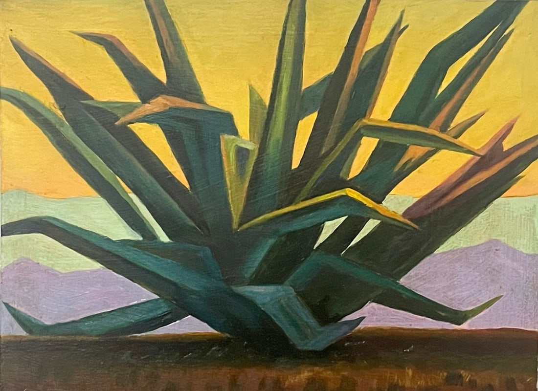 ED MELL - DESERT CACTUS - OIL ON BOARD - IN THE STYLE OF: Oil on board in the manner/style of Ed Mell. The painting is an example of Mell's distinctive style, which is characterized by geometric shapes and bright colors that capture the beauty of the landsca