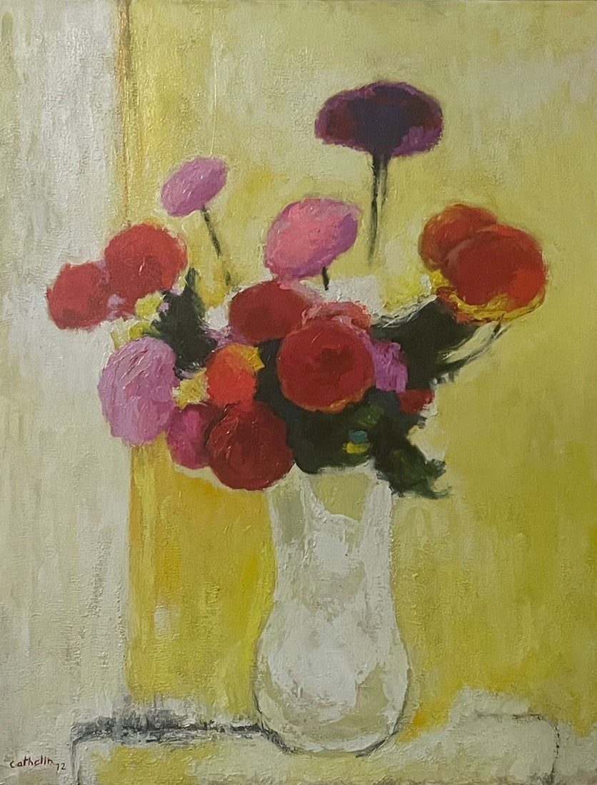 BERNARD CATHELIN - STILL LIFE - OIL ON CANVAS - IN THE STYLE OF: Oil on canvas in the manner/style of Bernard Cathelin. This beautiful painting shows us an abstract still life that represents a vase with a bouquet of peony. Our definition of “In the manner/st