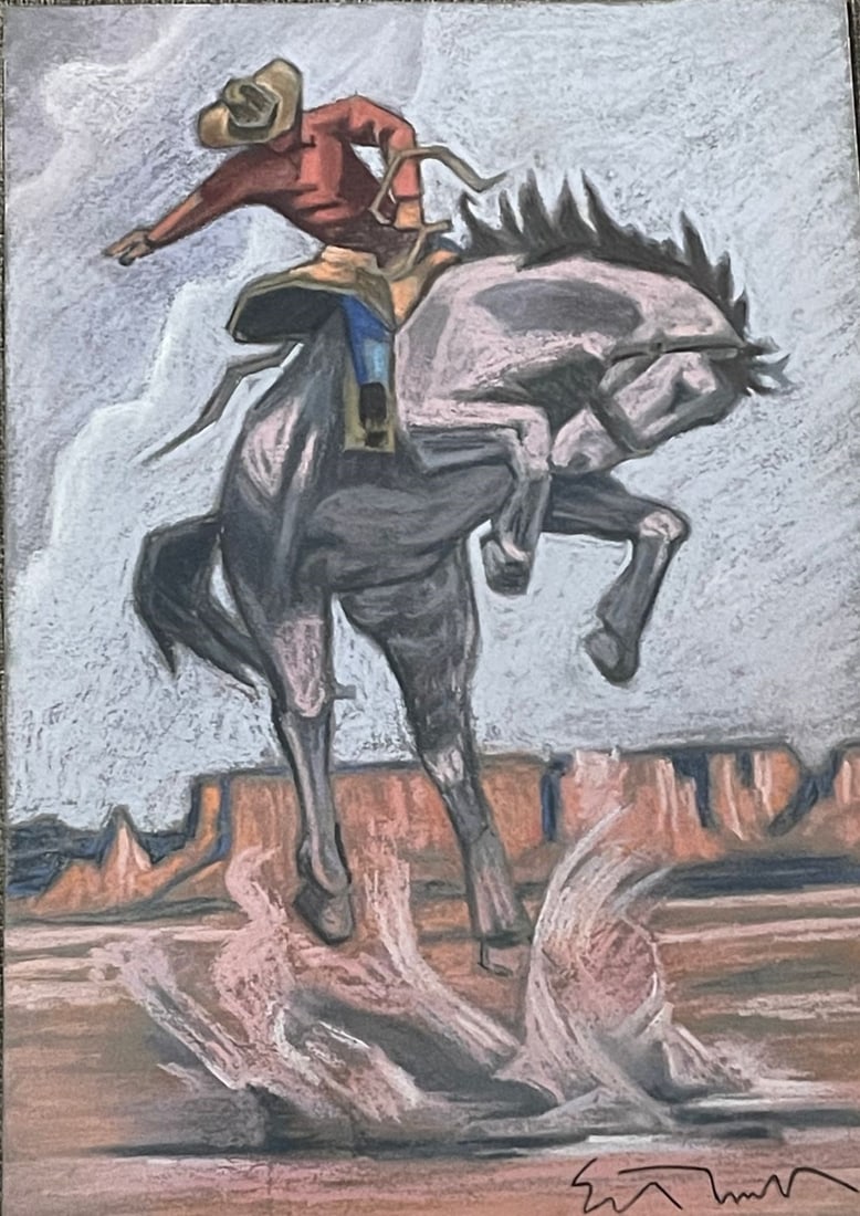 ED MELL - RODEO RIDER - PAINTING - PASTEL ON PAPER - IN THE STYLE OF: Pastel on paper in the manner/style of Ed Mell. Our definition of “In the manner/style of”: The auction house believes that the work is done in the manner or style of the named artist and