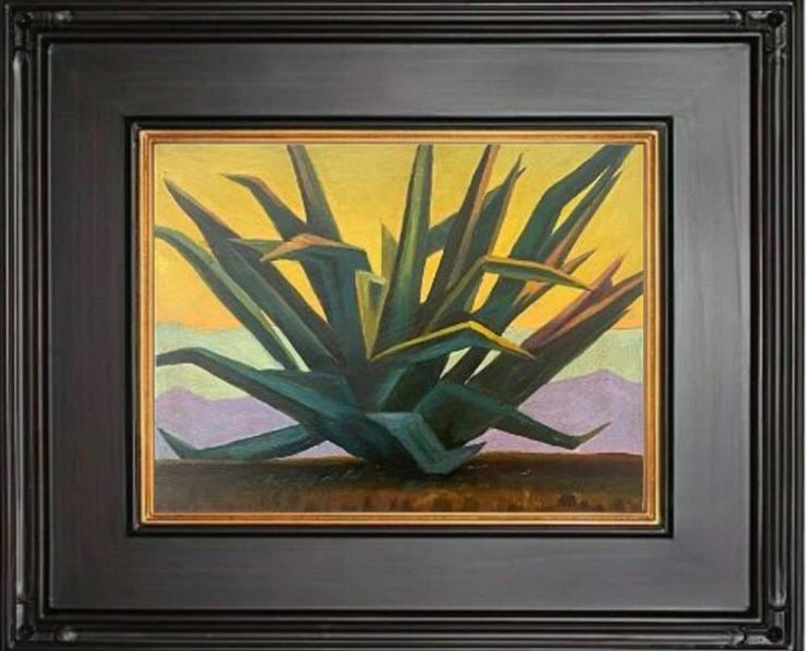 ED MELL - DESERT CACTUS - OIL ON BOARD - IN THE STYLE OF: Oil on board in the manner/style of Ed Mell. The painting is an example of Mell's distinctive style, which is characterized by geometric shapes and bright colors that capture the beauty of the landsca