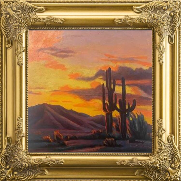 ED MELL - TWO SANGUAROS - OIL ON CANVAS - IN THE STYLE OF: Oil on canvas in the manner/style of Ed Mell. The painting is an example of Mell's distinctive style, which is characterized by geometric shapes and bright colors that capture the beauty of the landsc