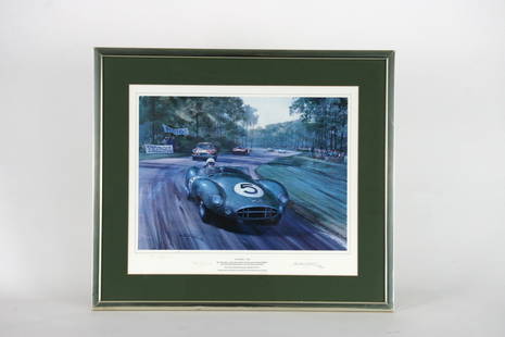 Aston Martin Michael Turner print signed by David Brown and Roy Salvadori: Stunning print by Michael Turner depicting action at Le Mans in 1959. Roy Salvadori at Indianapolis corner. This fine print has the added bonus of having the original signatures of David&nbsp;Brown an