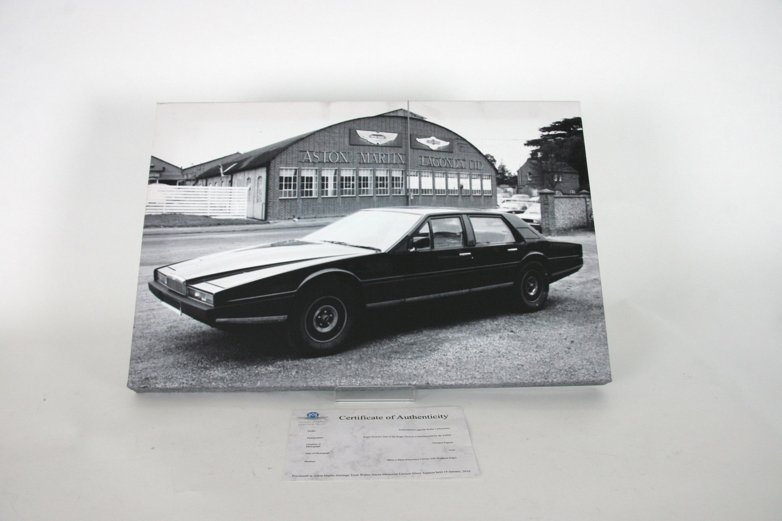 Aston Martin Lagonda polycotton canvas art print: A lovely canvas art work of the Aston Martin Lagonda, taken at Newport Pagnell in 1976 by Roger Stowers. Purchased by Desmond Smail at the AM Heritage Trust Walter Hayes memorial silent auction in 201