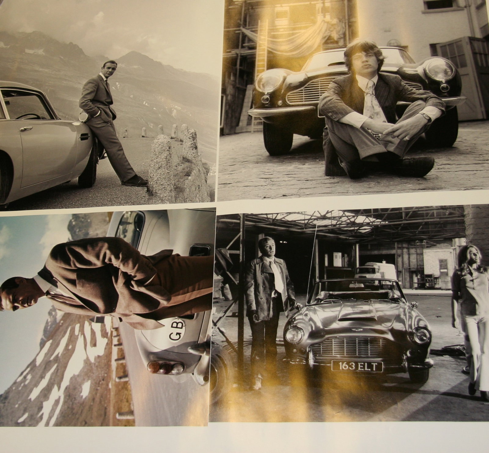 Aston Martin Sean Connery, Mick Jagger & Michael Caine Images: A collage photo print of iconic Aston images, probably used as proofs for individual print runs. Rolled, measures 107cm x 102cm.