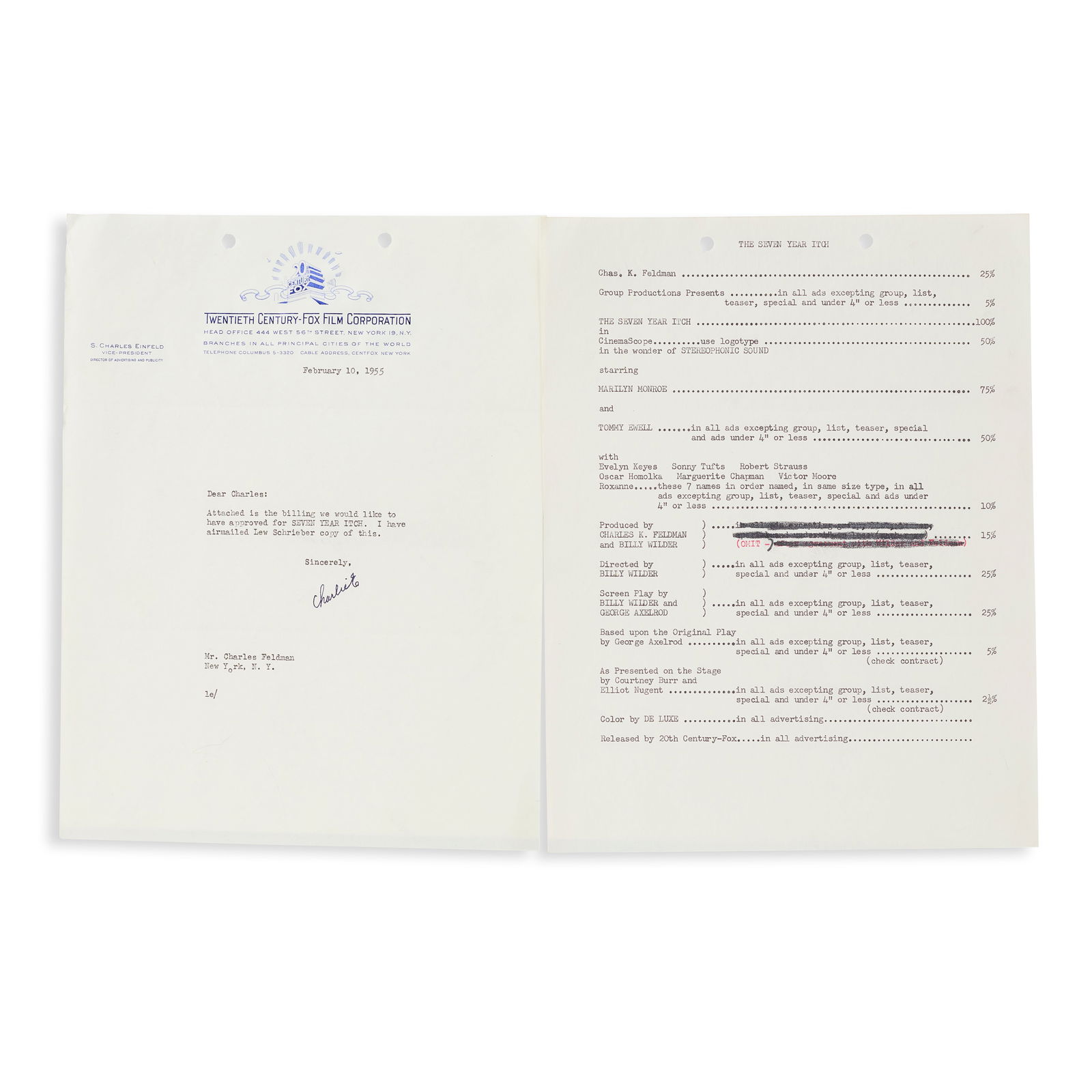 Charles Feldman Seven Year Itch Billing Scale (1 of 1)