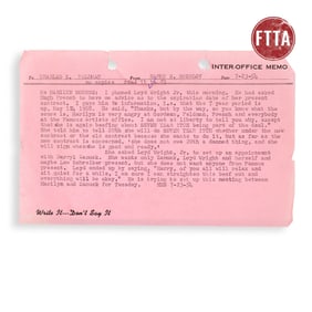 Studio Memo Re Conflict Over Marilyn Monroe