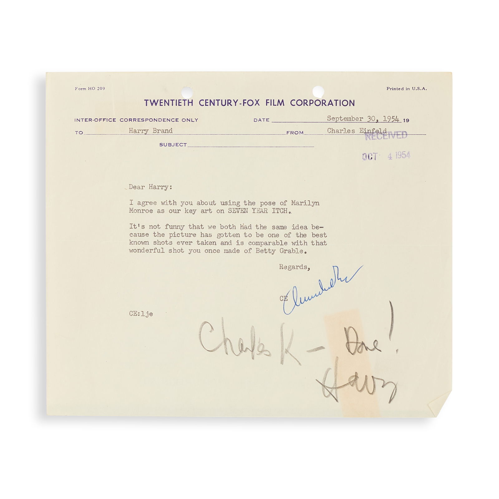 Harry Brand Seven Year Itch Correspondence (1 of 1)