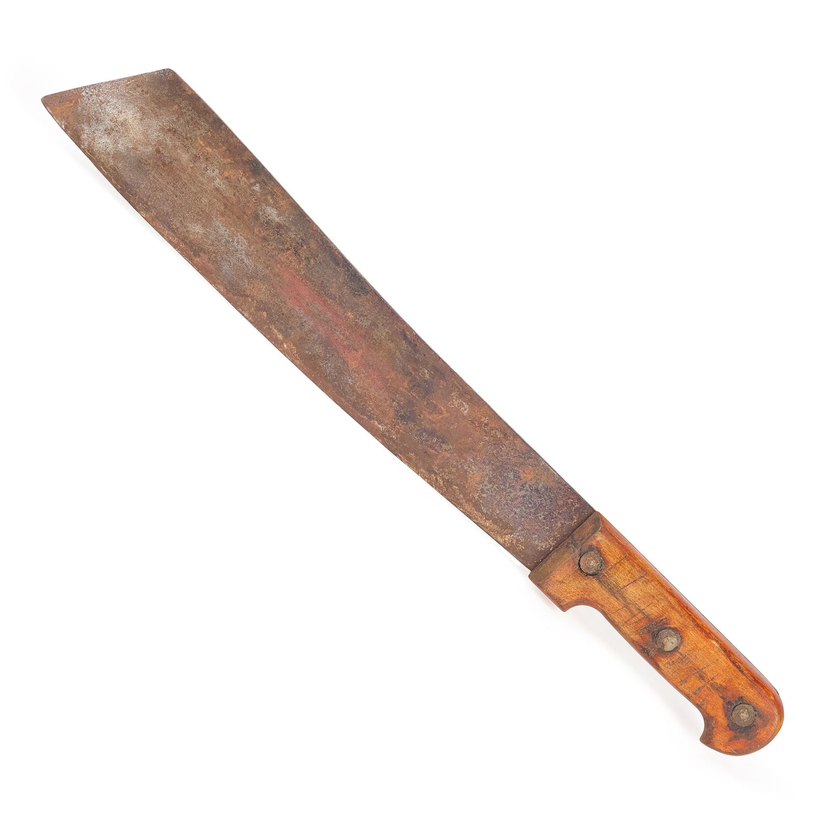 Quint Machete Prop from The Orca in Jaws: Universal, 1975. Hero machete prop featuring a heavy steel blade slotted into a 6 in. wooden handle grip with three rivet bolts. Expertly studio distressed and finished with oxidized weathering and st