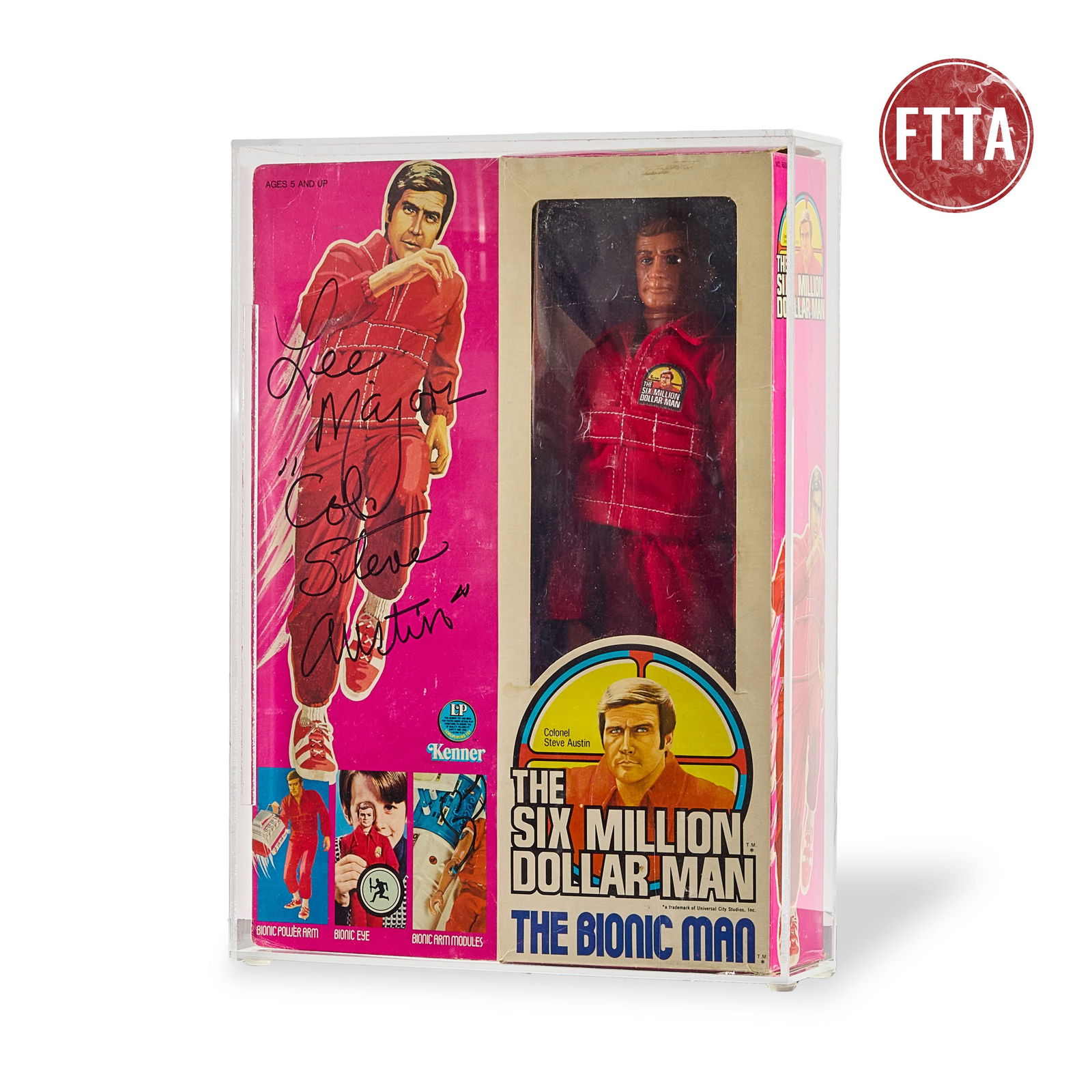 Signed Doll from The Six Million Dollar Man: Universal TV, 1974-1978. Vintage Kenner brand "Colonel Steven Austin" (Lee Majors) large action figure featuring special "bionic eye". Box signed, "Lee Majors 'Col. Steve Austin.'" Presented in acryli