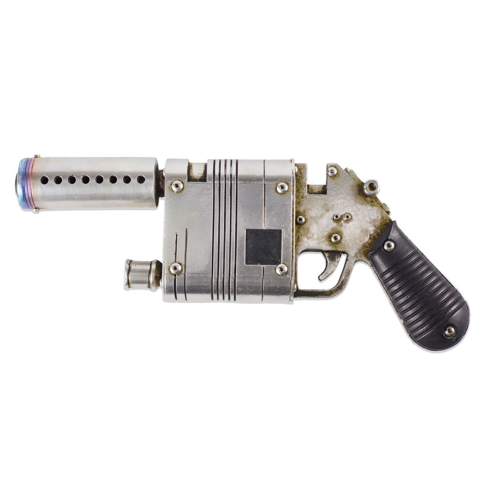 Daisy Ridley The Force Awakens LPA NN15 Blaster: Lucasfilm, 2015. Production used blaster constructed of cast rubber, expertly studio painted silver with heat burnished barrel. Highly visible when "Han Solo" (Harrison Ford) gives the weapon to "Rey"