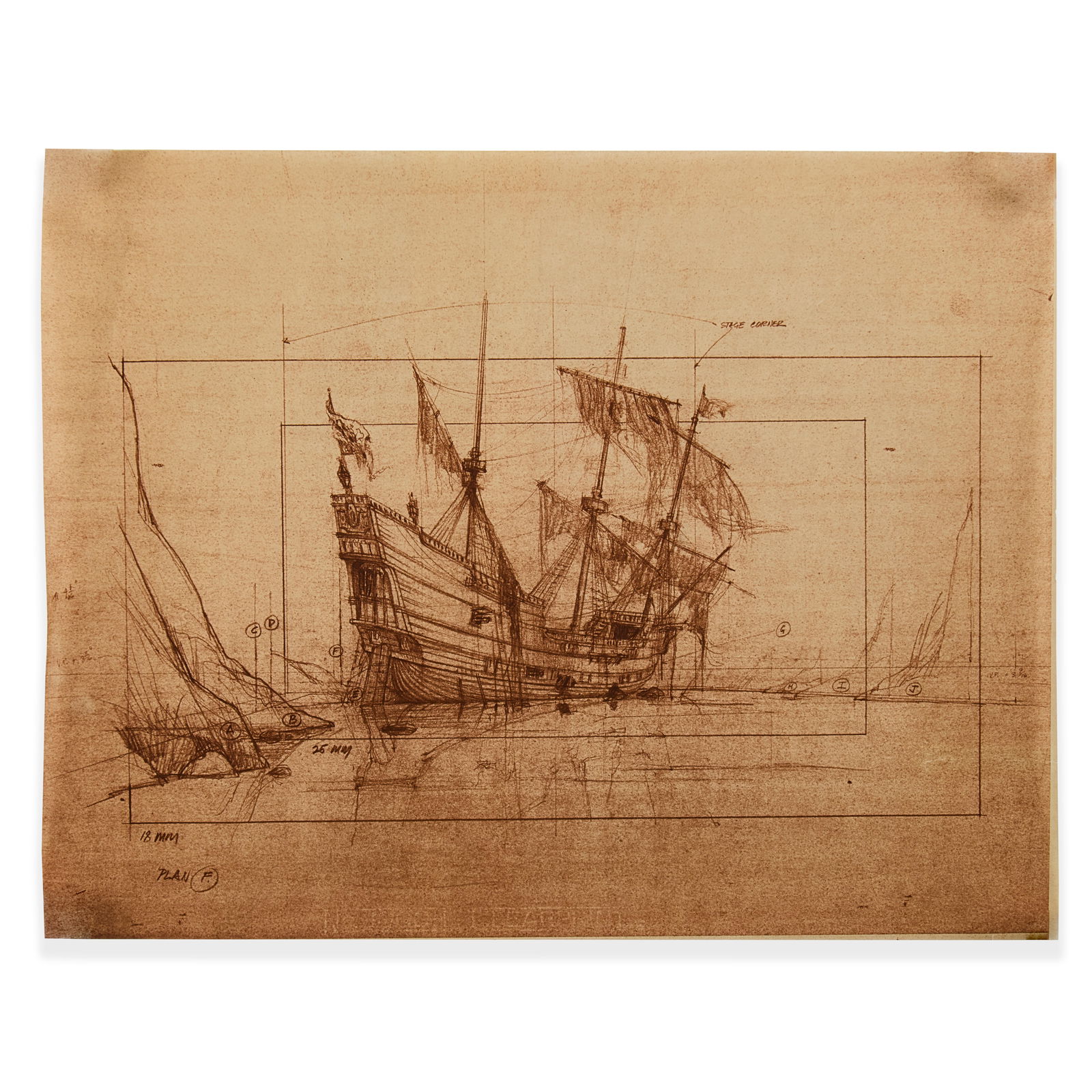 Jack Johnson Goonies Pirate Ship Schematics: Collection of (4) original brownline prints by legendary illustrator Jack Johnson. Ranging in size from 22 x 17 in. to 37 x 24 in. Depicting various Pirate Ship-related technical drawings including sh