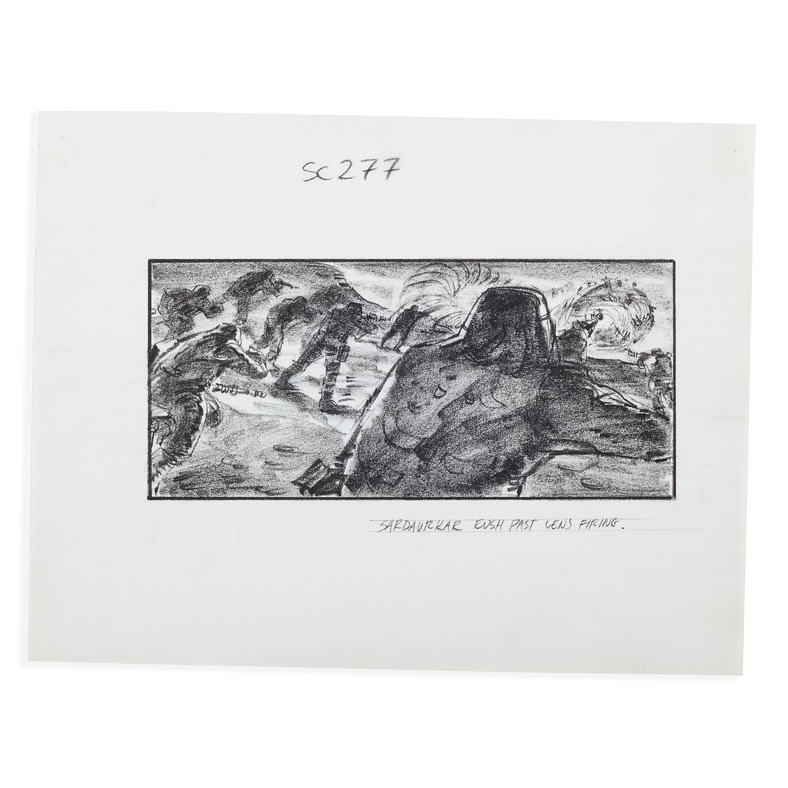 Hand Drawn Storyboard from David Lynchs Dune: A single storyboard illustration hand-drawn in pencil on artists vellum by illustrator Mentor Huebner. This image is entitled "SC277 / SARDAUKAR RUSH PAST LENS FIRING" and features futuristic soldiers
