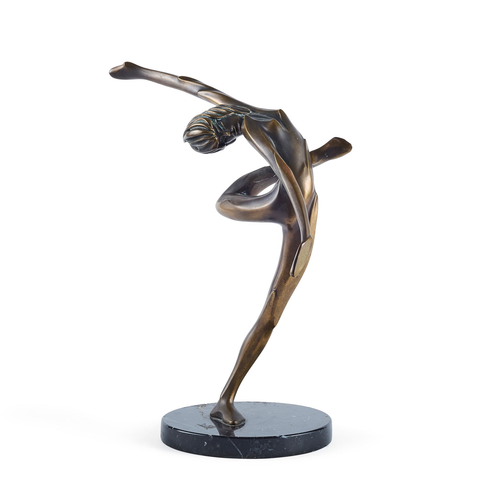 Marlon Brando Nude Dancer Bronze Sculpture: Elegant limited edition cast bronze dancer on black marble base with felt lined bottom from the personal collection of Marlon Brando. Etched on the right leg, "13/250 Tom Bennett 81." Brando studied v