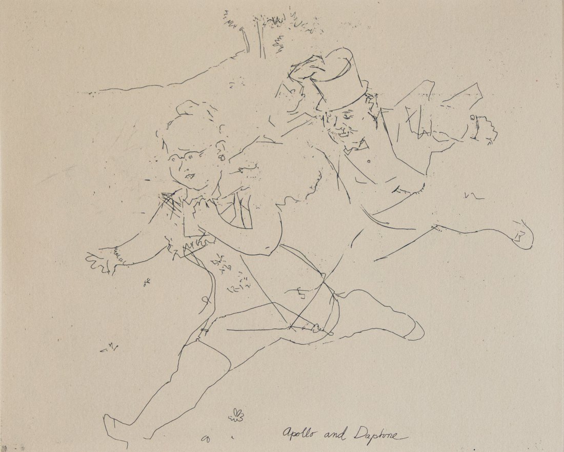 Jack Levine - Apollo and Daphne: Etching. Artist proof. Excellent condition. Full deckled margins. Date unknown. Lower right in pencil "Artist Proof"; signed lower right in pencil "J Levine" Sheet Size: 14.50 x 20.50 inches. Plate Si