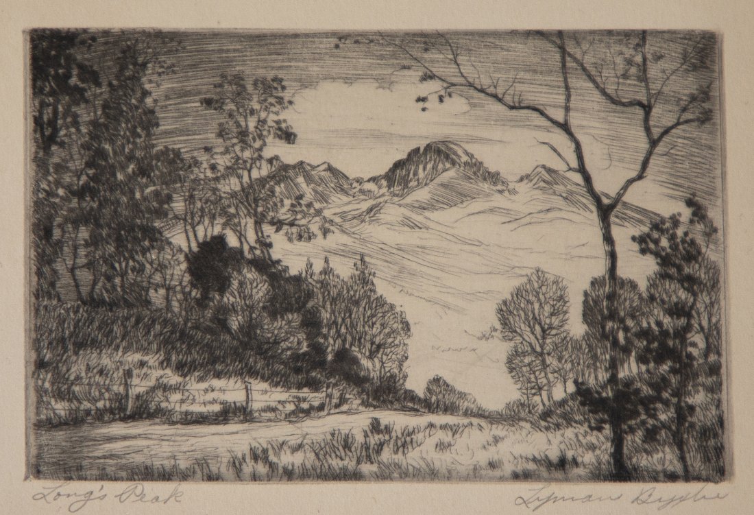 Lyman Byxbe - Longs Peak, Grand Lake: Two etchings by Lyman Byxbe. Fair condition. Longs Peak: Titled in pencil lower left "Longs Peak"; signed lower right "Lyman Byxbe" Grand Lake: Titled in pencil lower left "Grand Lake"; signed lower r