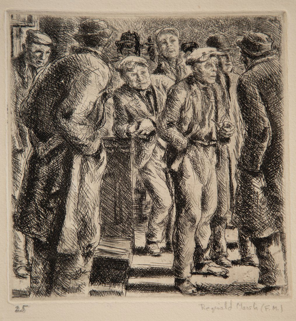 Reginald Marsh - Bowery, 1928: 1928. Etching. Good condition. Estate Signed, "Reginald Marsh (F.M.)" lower right -- Signed by Frida Marsh Numbered, "25" lower left Edition of 30. Size: 6.13 X 5.25 inches