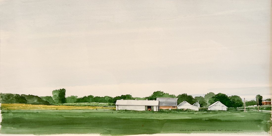 Keith Jacobshagen - Gerbig's Barn - Sept 2 1987 84Â°, 1987: 1987. Watercolor on paper. Framed. Frame: 16.5 x 25.75 inches. Image: 8.5 x 16.5 inches. Titled and signed lower right "Gerbig's Barn - Sept 2 1987 84Â° K. Jacobshagen"