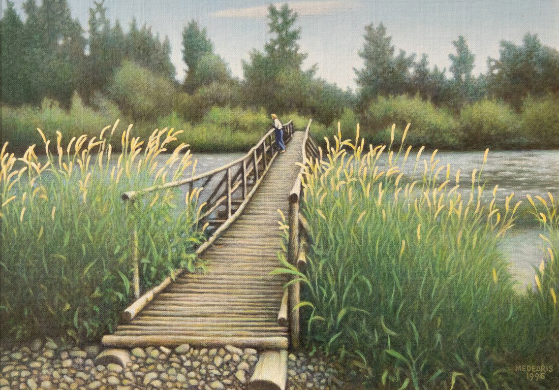 Roger Medearis - Rendezvous: 1996. Oil on panel. Framed. Signed and dated lower right "Medearis 1996" Titled on verso "Rendezvous, 10 x 14, Oil on panel, Copyright Roger Medearis 1996, All Rights Reserved, For dear Betty - 12/25/