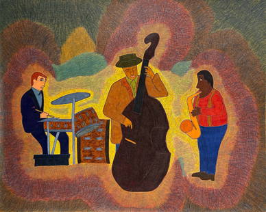 John Kahn "Jazz Band" Grateful Dead: 1986. Colored pencil on paper. 11 x 14 inches. Signed upper right. John Kahn was best known for his contributions to the solo work of Grateful Dead founder and leader Jerry Garcia. Kahn’s first main