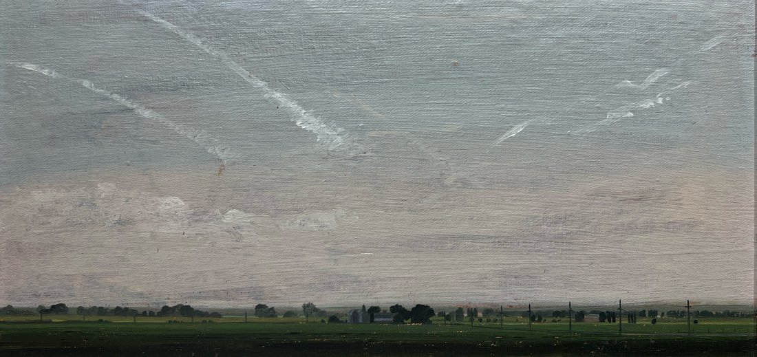 Keith Jacobshagen "West of Ashland": 1977. Oil on canvas, mounted on board. Framed. 8 x 16 inches. Signed "K Jacobshagen" on verso. Private collection, Lincoln, NE to Kiechel Fine Art, Lincoln, NE.