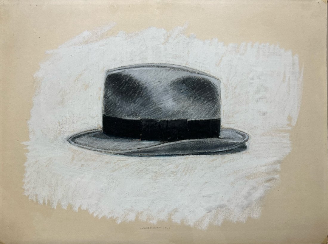 Keith Jacobshagen "Untitled (Fedora)": 1975. Pastel and graphite on paper. Framed. Signed lower middle "Jacobshagen 1975" 24.50 x 19.35. Private collection, Lincoln, NE to Kiechel Fine Art, Lincoln, NE.