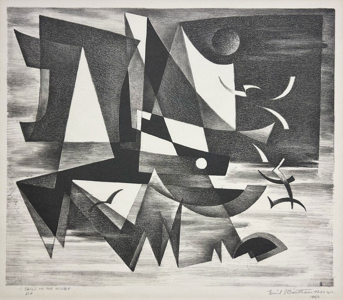 Emil Bisttram "Sails in the Night": 1950. Lithograph. 12 x 13.25 inches. Signed lower right, titled lower left.