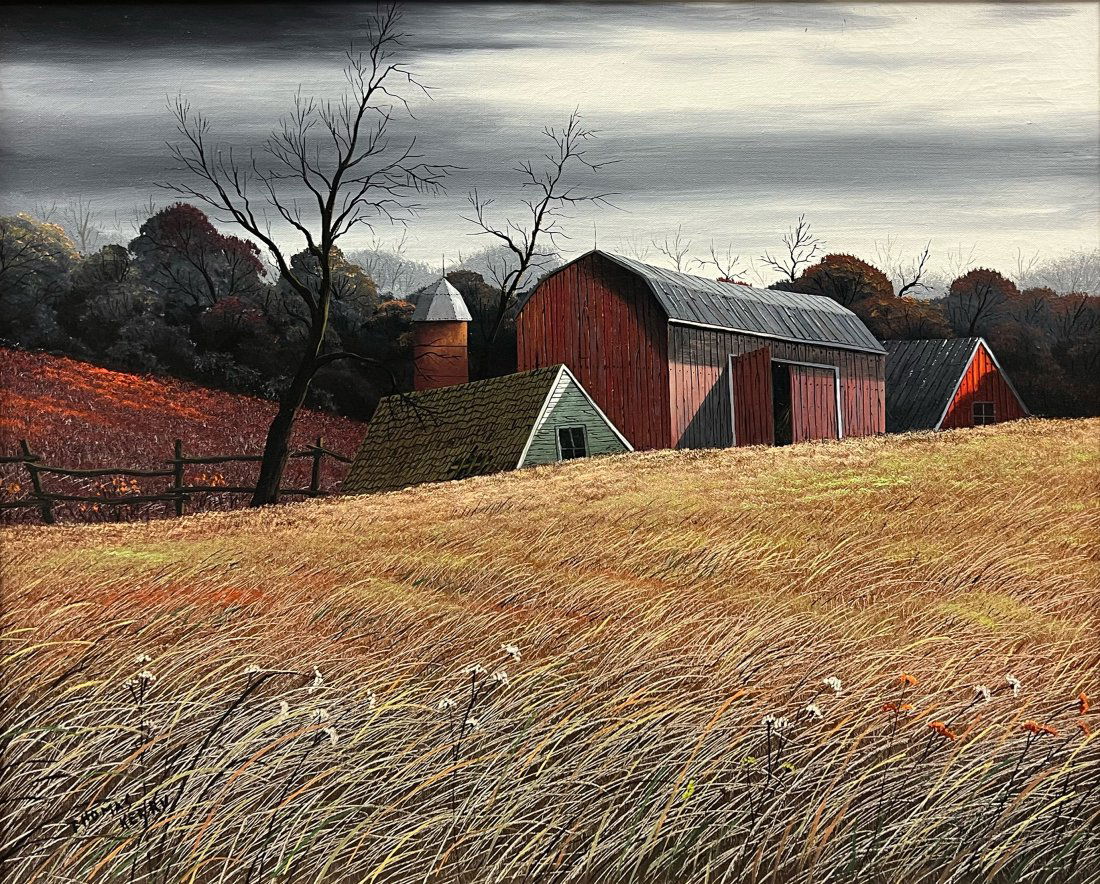 Thomas Kerry "Barn Landscape": 20th century. Oil on canvas. Framed. 23 x 29 inches. Signed lower left "Thomas Kerry"