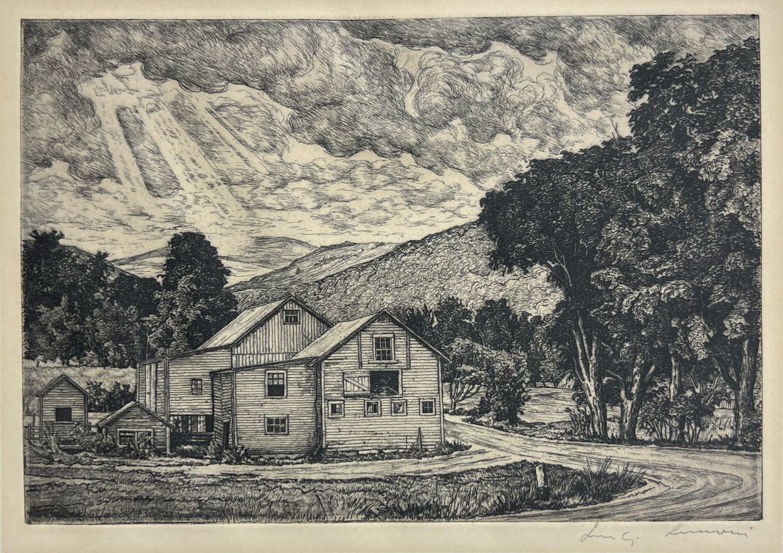 Luigi Lucioni "Sunlight Through Clouds": 1944, Etching