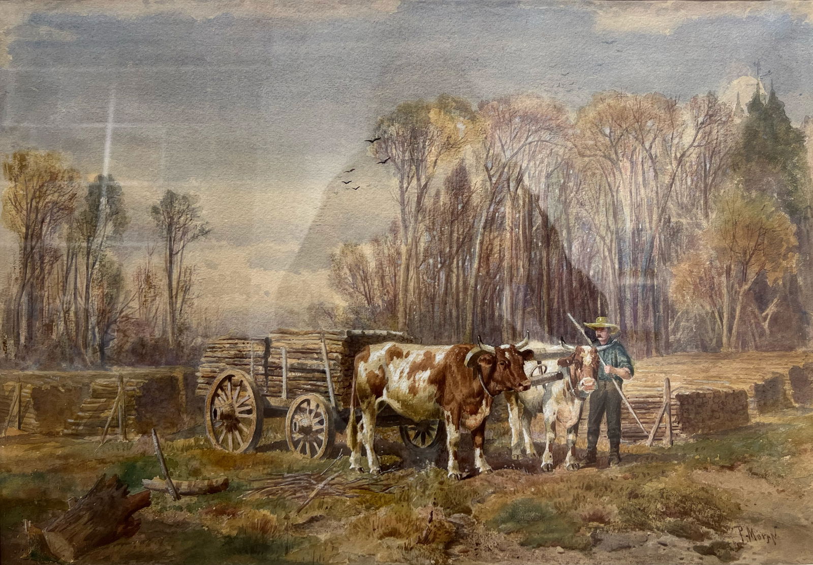 Peter Moran "Lumberyard Near Woodbury, N.J.": Framed. Provenance: Private collection, York, NE. Signed lower right. 14.5 X 21 inches. Watercolor on paper. For further information or questions regarding this lot, please email us at gallery@kiechel