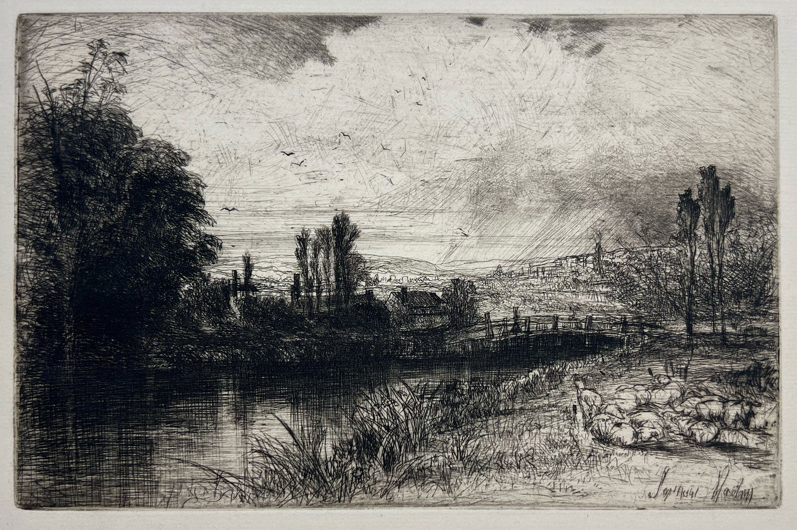 Sir Frances Seymour Haden "On the Test": Etching and drypoint. Provenance: Private collection, York, NE. Signed lower right. Plate size: 6.25 X 9.25 inches. Sheet size: 8.75 X 11.5 inches. For further information or questions regarding this