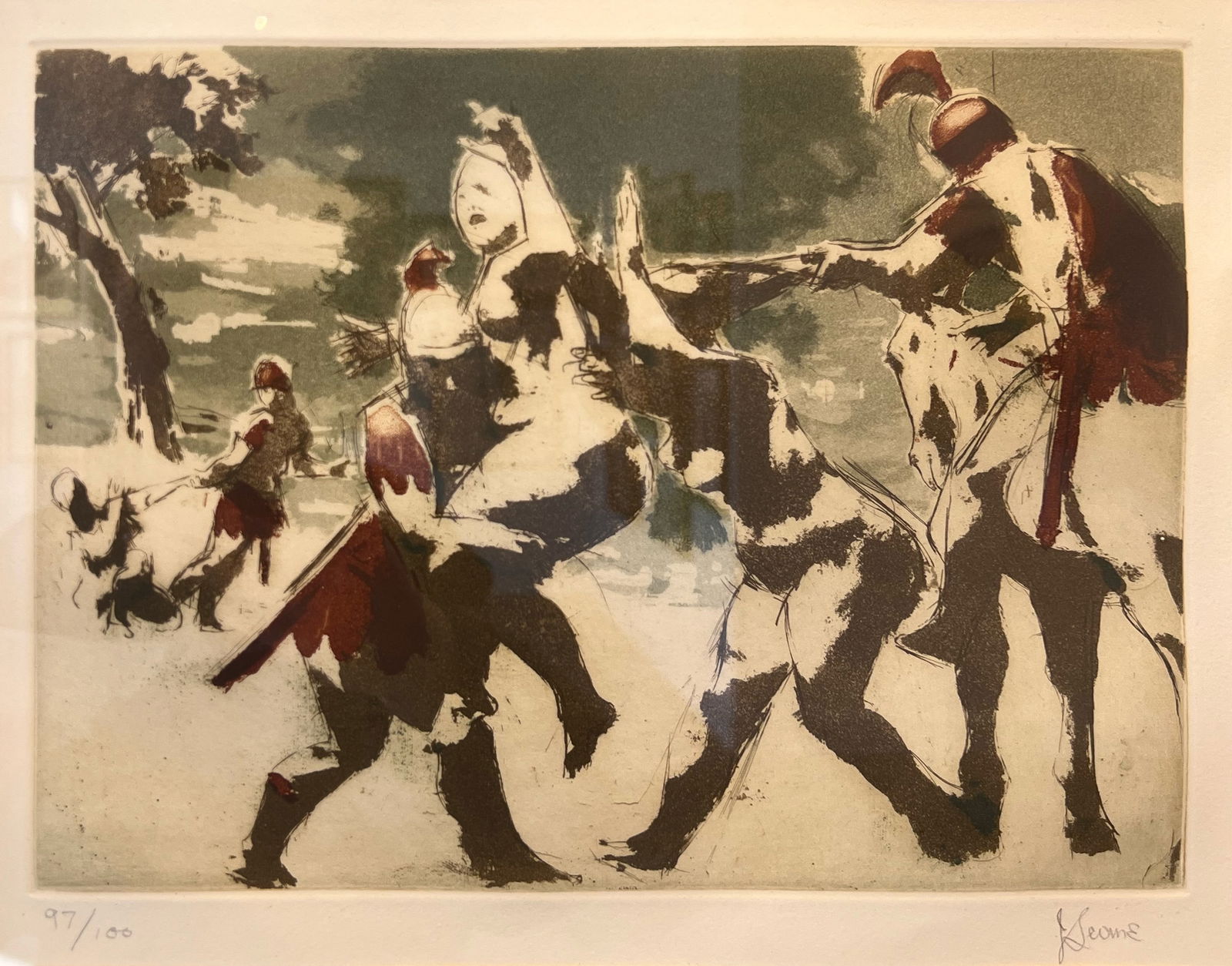 Jack Levine "The Rape of Sabines": 1965, Color etching. Framed. Editioned 97/100 lower left. Signed lower right. From the estate of Dan Howard, 2024. 8 x 10.75 inches.