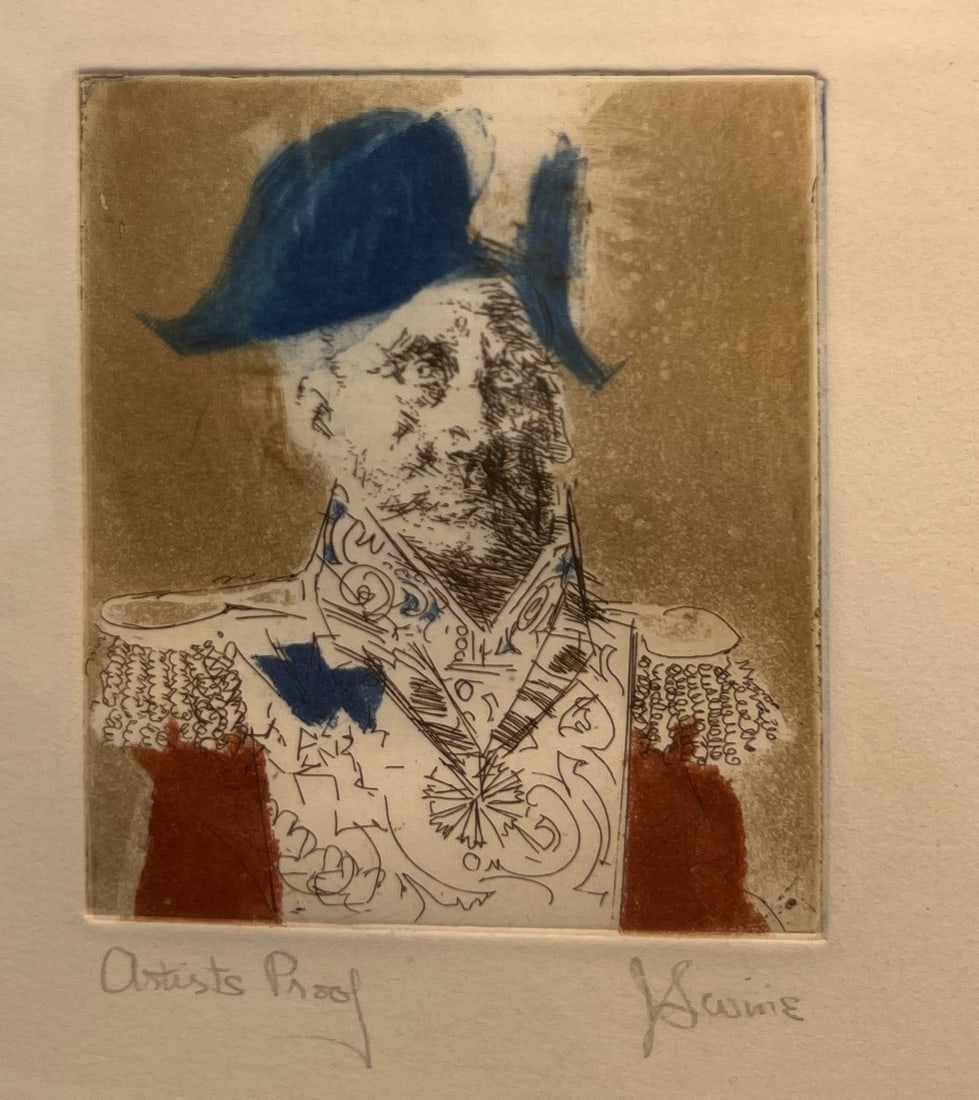 Jack Levine "Italian General": 1965, Color etching. Framed. 4 x 3 inches. Editioned lower left "Artist Proof" Signed lower right. From the estate of Dan Howard, 2024.