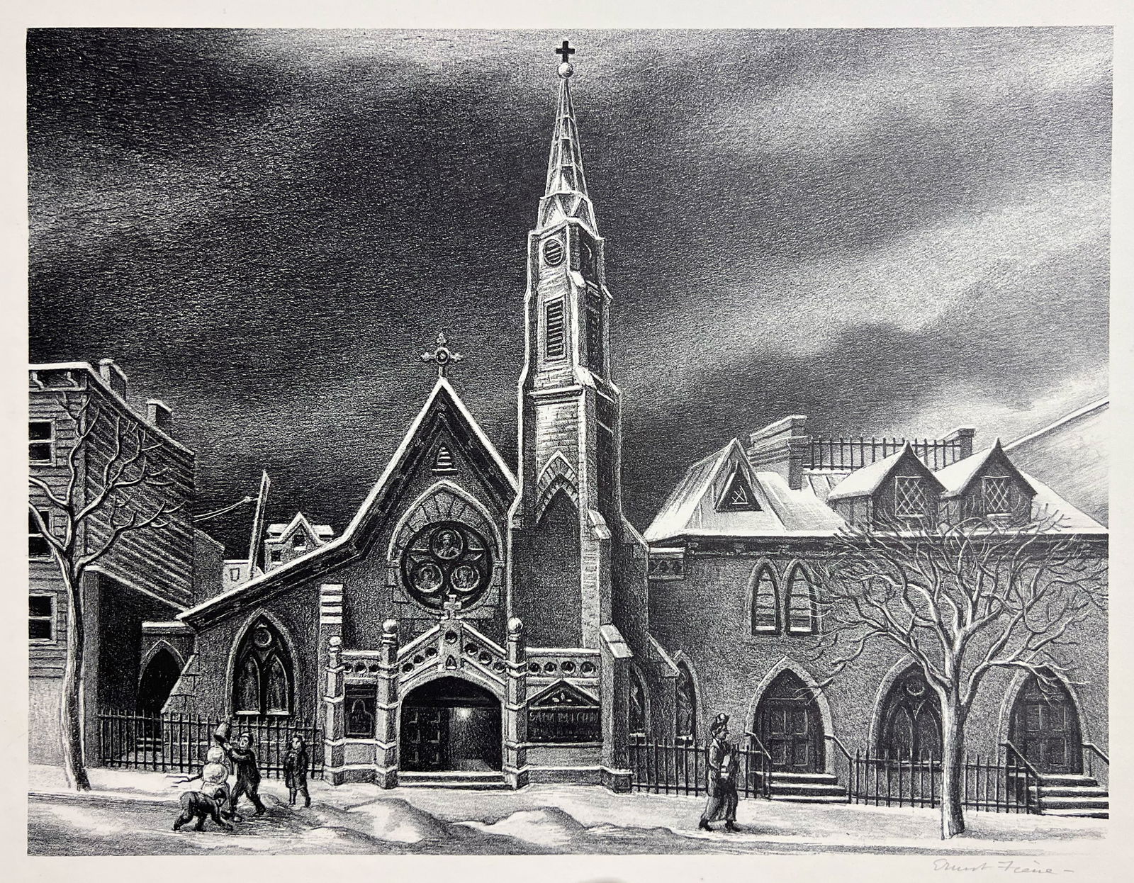 Ernest Fiene "St. Michael's in Brooklyn": c. 1947, Lithograph. Signed in pencil lower right "Ernest Fiene"Plate: 9.5 x 12.25 inches. Sheet: 12 x 16 inches.