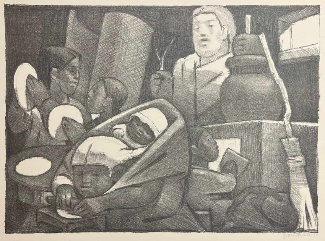 Jean Charlot "The Distaff Side": 1951, Lithograph. Plate: 10 x 13.5 inches. Sheet: 12.75 x 16.75 inches. Signed lower right
