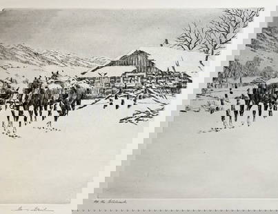 Hans Kleiber "At the Hitchrack": c. 1938, Etching. Plate: 9.5 x 13.75 inches. Sheet: 13 x 17 inches. Signed lower right, titled lower left