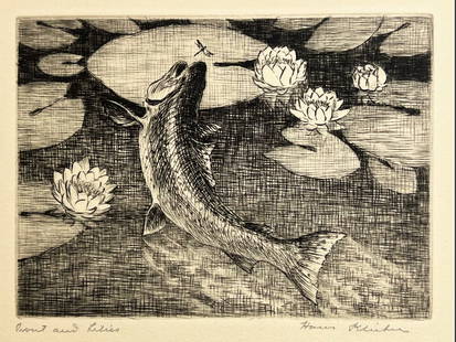 Hans Kleiber "Trout and Lilies": Etching. Plate: 4 x 5.25 inches. Sheet: 6 x 7.5 inches. Titled lower left, signed lower right