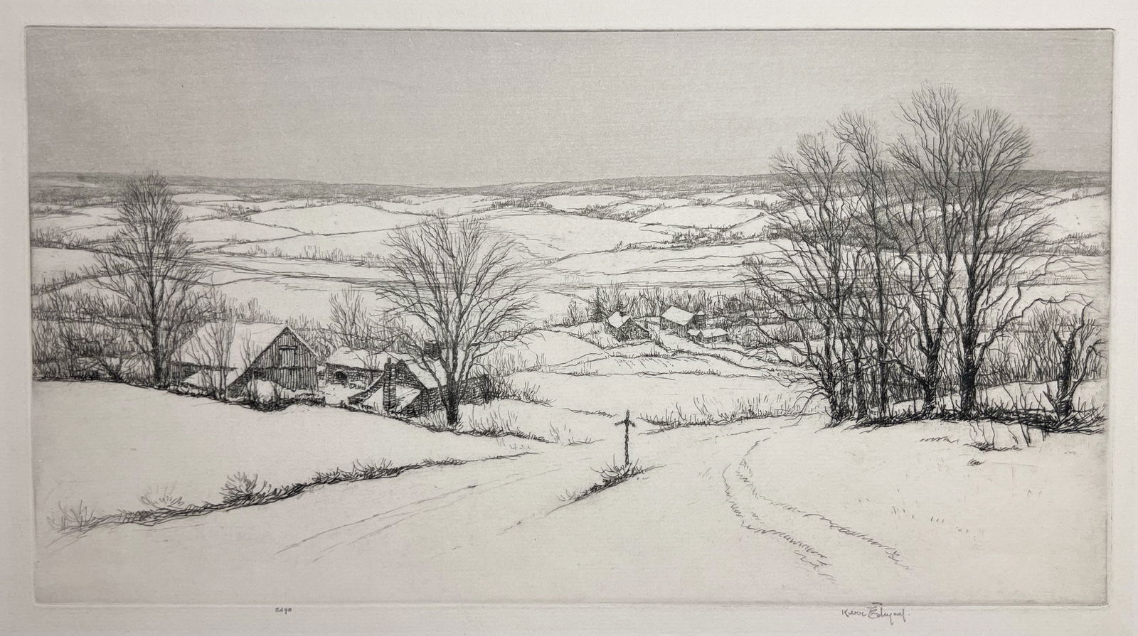 Kerr Eby "Snowy Landscape": Etching. Plate: 7 x 13.75 inches. Sheet: 9.5 x 15.75 inches. Signed lower right