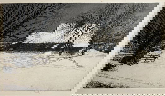 Kerr Eby "Snowy Barn": Etching. Plate: 8.5 x 15.5 inches. Sheet: 13 x 19 inches. Signed lower right