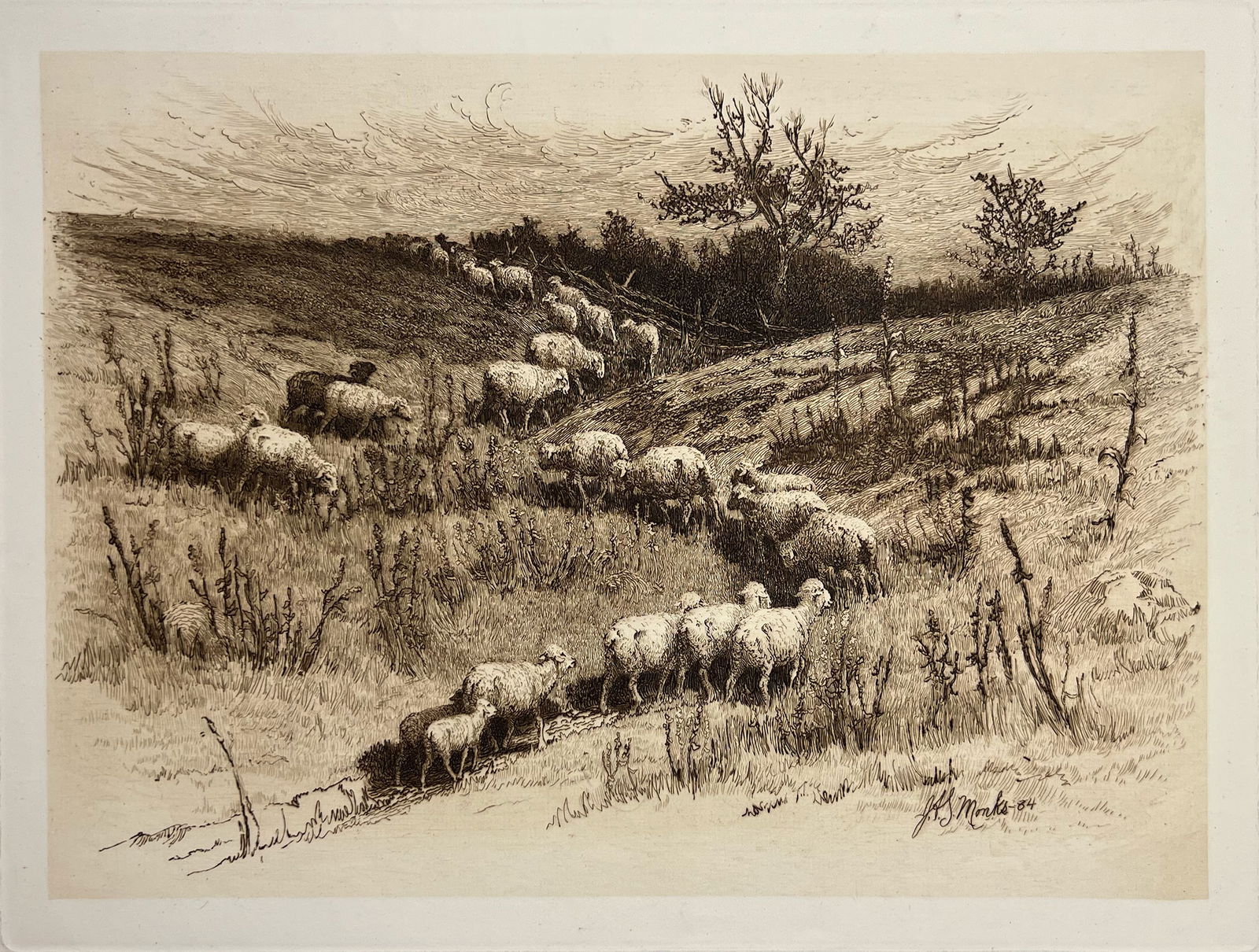 John Monks "Crossing the Pasture": Etching. Plate: 11 x 15.75 inches. Sheet: 15.5 x 22 inches. Signed in plate