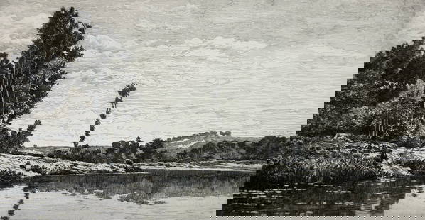 Thomas Moran "After Daubigny": Etching. Plate: 5.25 x 9 inches. Sheet: 11 x 15 inches. Signed lower right, titled lower left
